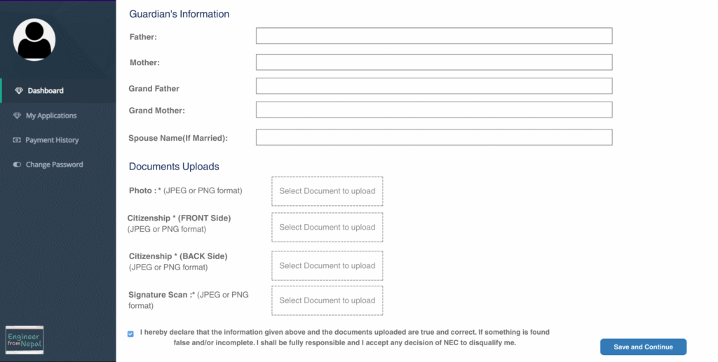 NEC Guardian details form and document upload