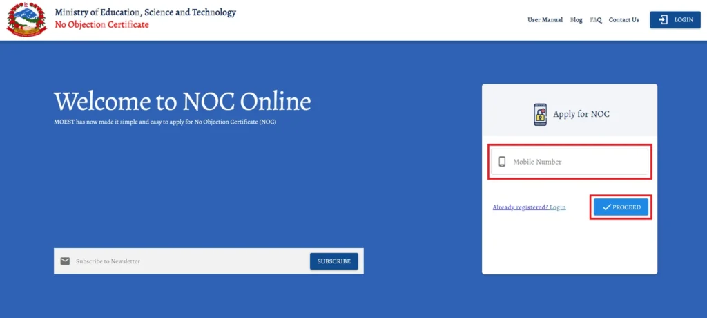 apply noc online - register phone number