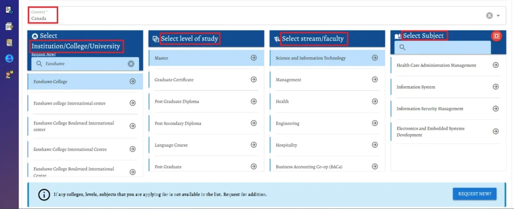 apply noc online - choose country and university going for the study