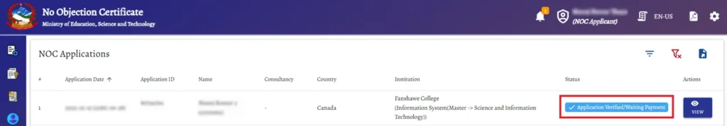 apply noc online - application approved dashboard
