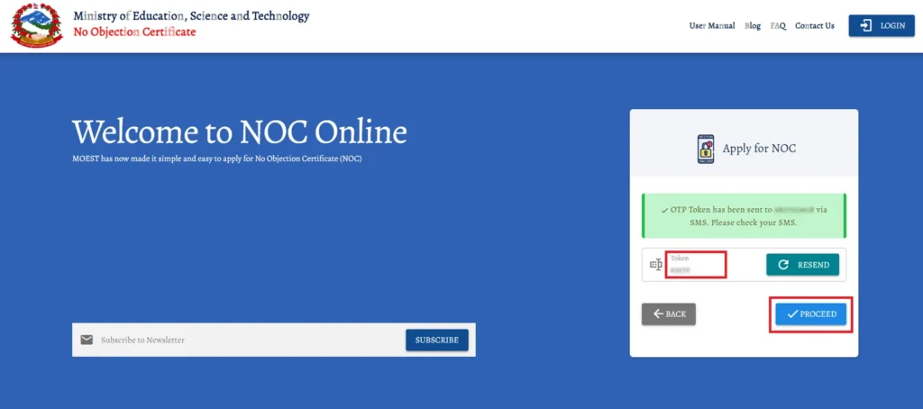apply noc online - otp for phone number registration