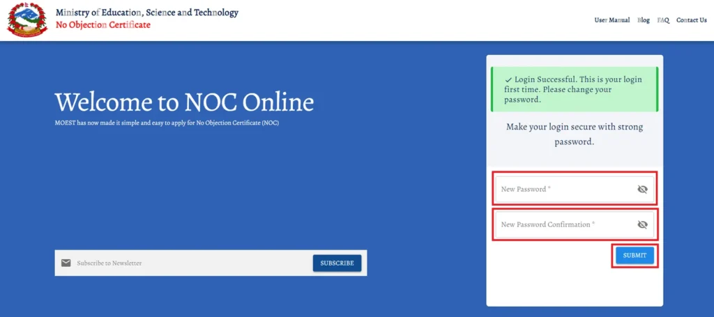 apply noc online - create new password