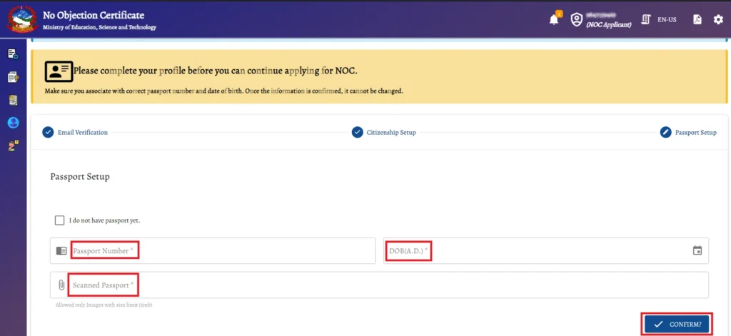 apply noc online - fill up and upload passport details